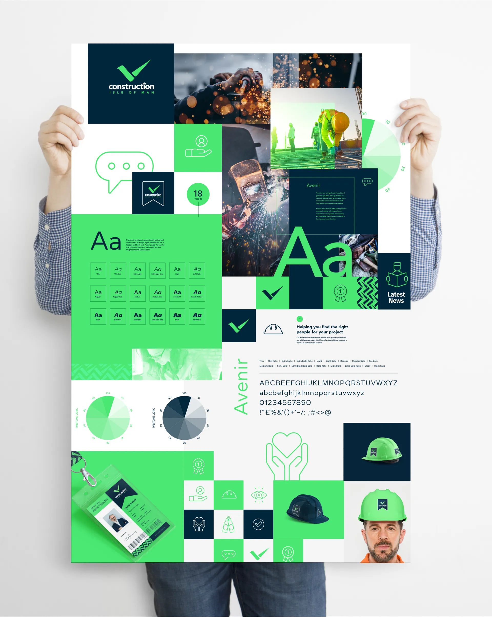 Construction Isle of Man brand guidelines poster showing the typefaces, colours and graphic elements